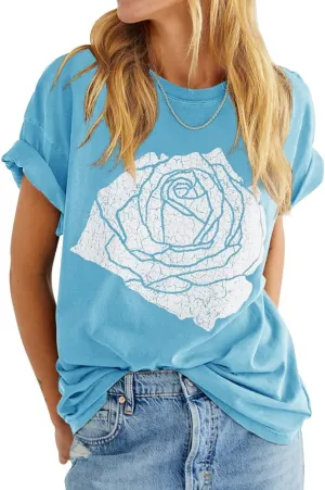 Womens Rose Graphic Tee T Shirt Loose Fit Summer Short Sleeve Casual Boyfriend Crew Neck Tops