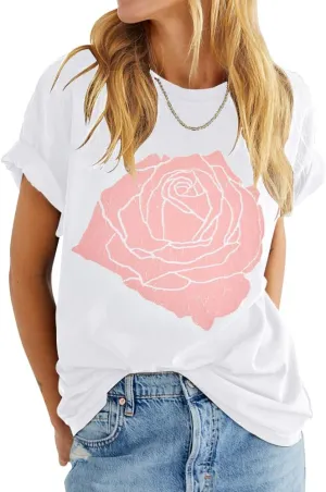 Womens Rose Graphic Tee T Shirt Loose Fit Summer Short Sleeve Casual Boyfriend Crew Neck Tops