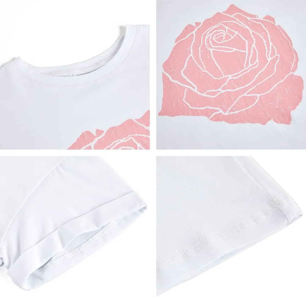 Womens Rose Graphic Tee T Shirt Loose Fit Summer Short Sleeve Casual Boyfriend Crew Neck Tops