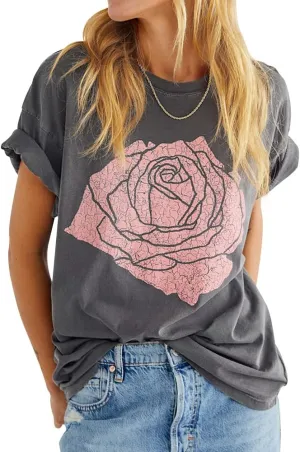 Womens Rose Graphic Tee T Shirt Loose Fit Summer Short Sleeve Casual Boyfriend Crew Neck Tops