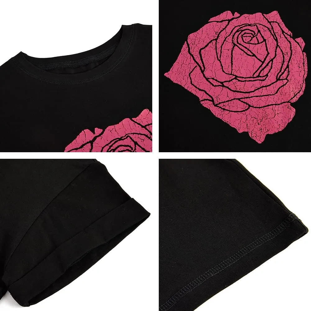 Womens Rose Graphic Tee T Shirt Loose Fit Summer Short Sleeve Casual Boyfriend Crew Neck Tops