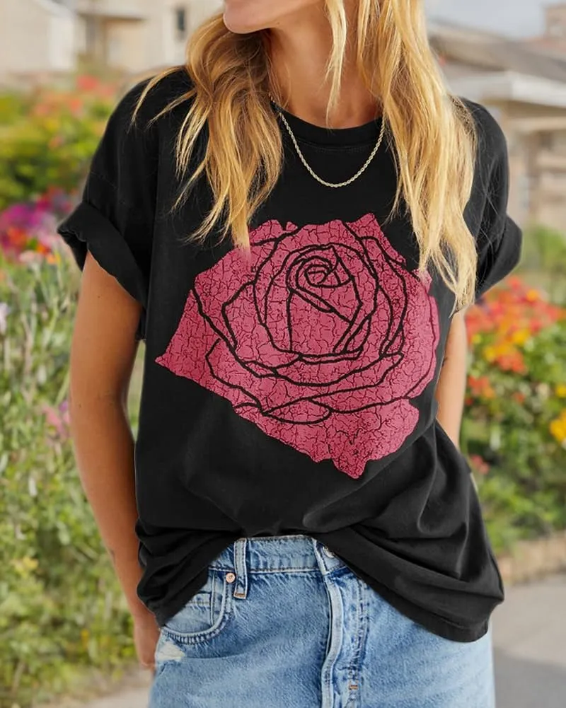 Womens Rose Graphic Tee T Shirt Loose Fit Summer Short Sleeve Casual Boyfriend Crew Neck Tops