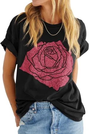 Womens Rose Graphic Tee T Shirt Loose Fit Summer Short Sleeve Casual Boyfriend Crew Neck Tops