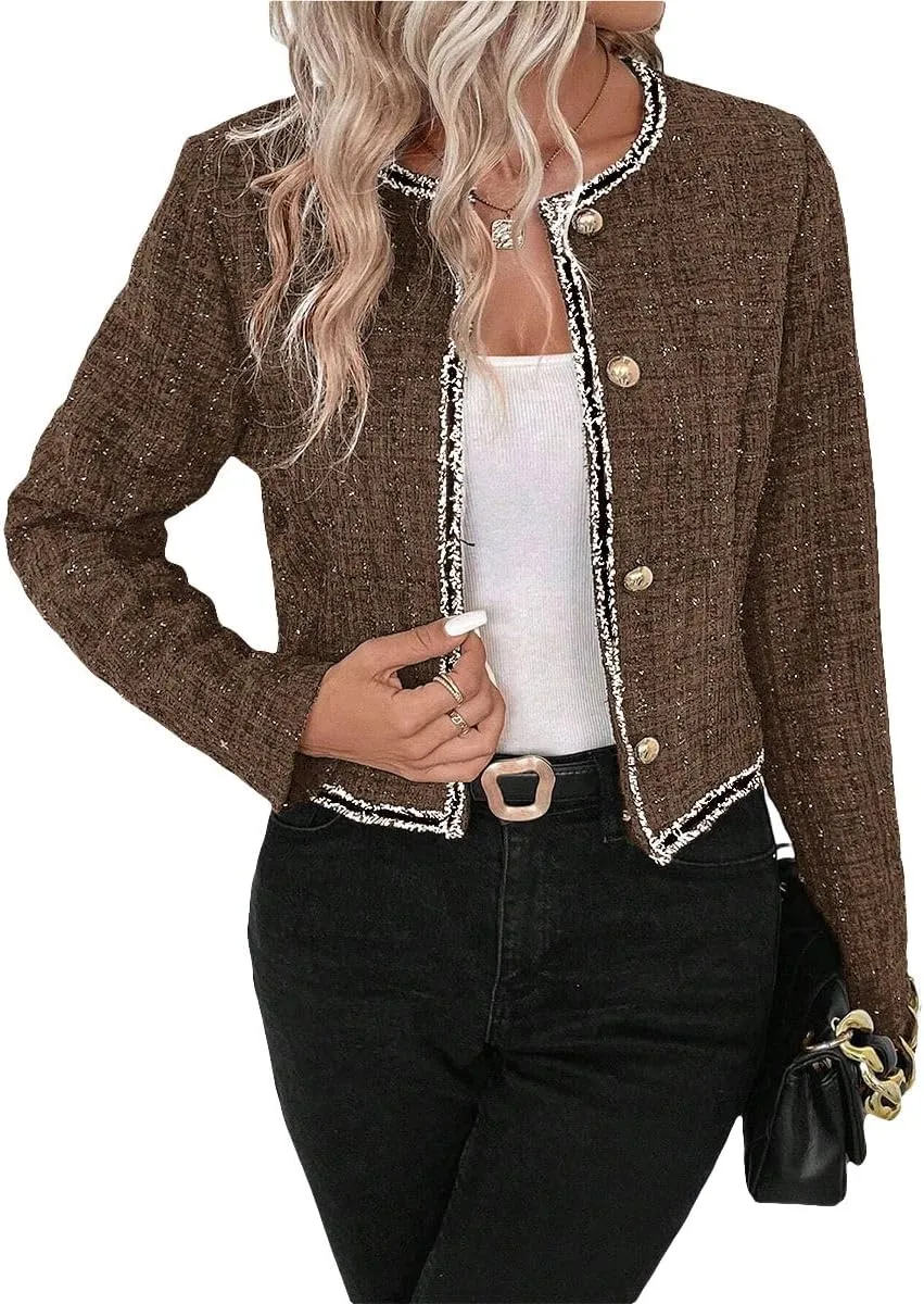 Womens Sequin Cropped Tweed Blazer Open Front Collarless Long Sleeve Work Office Jackets