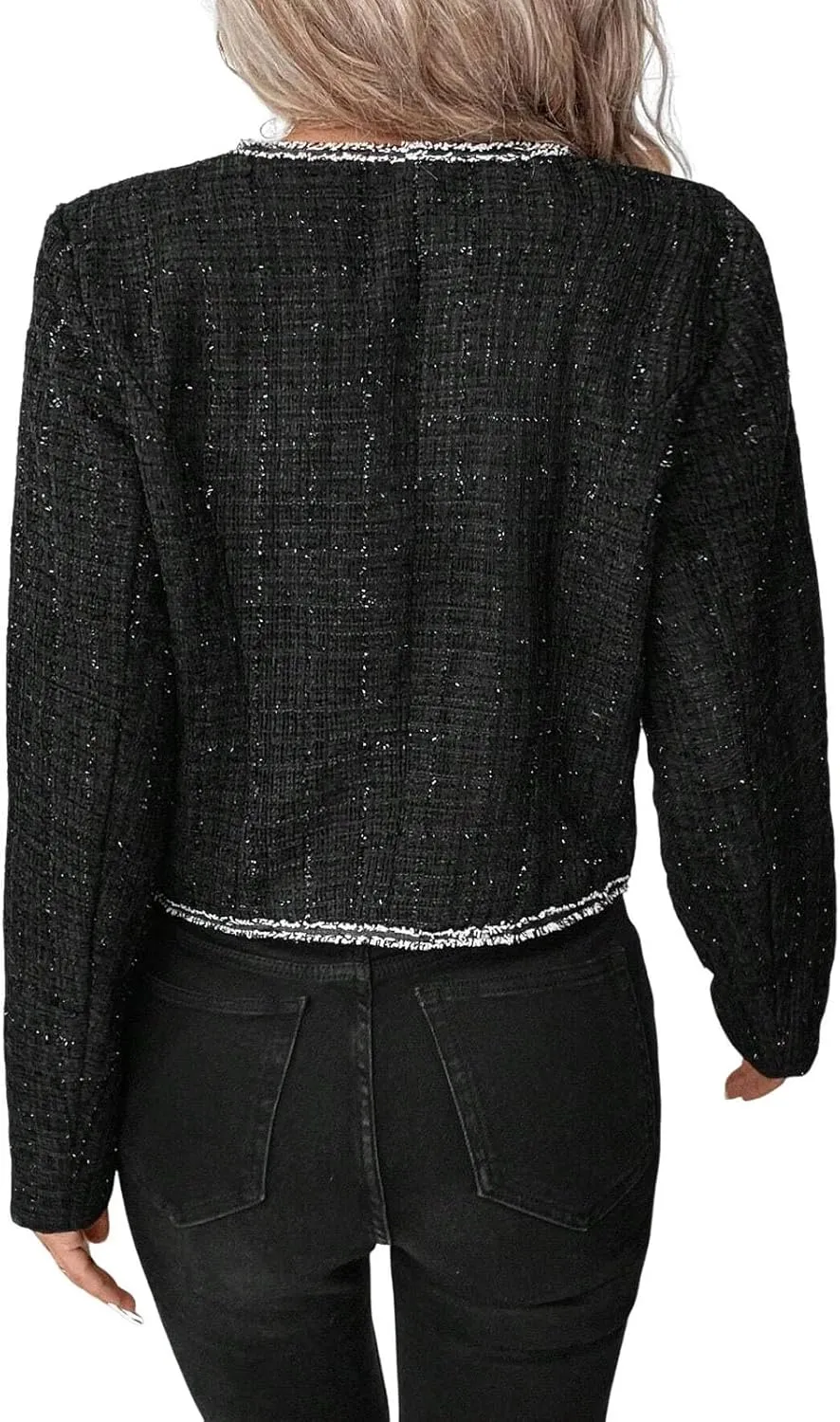 Womens Sequin Cropped Tweed Blazer Open Front Collarless Long Sleeve Work Office Jackets