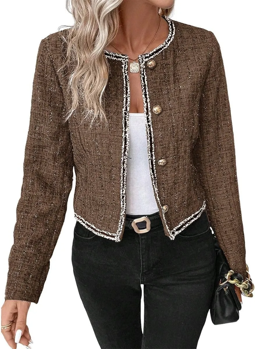 Womens Sequin Cropped Tweed Blazer Open Front Collarless Long Sleeve Work Office Jackets