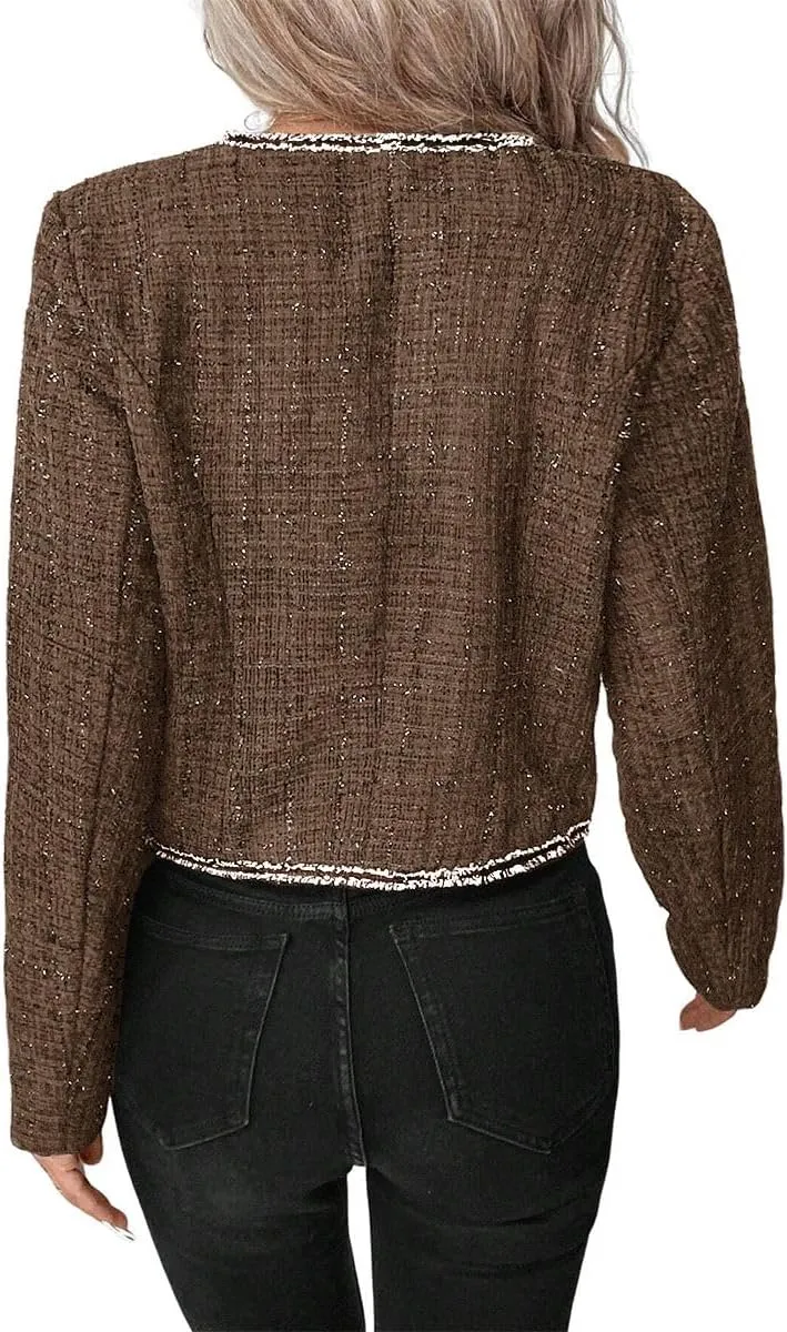 Womens Sequin Cropped Tweed Blazer Open Front Collarless Long Sleeve Work Office Jackets