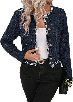 Womens Sequin Cropped Tweed Blazer Open Front Collarless Long Sleeve Work Office Jackets