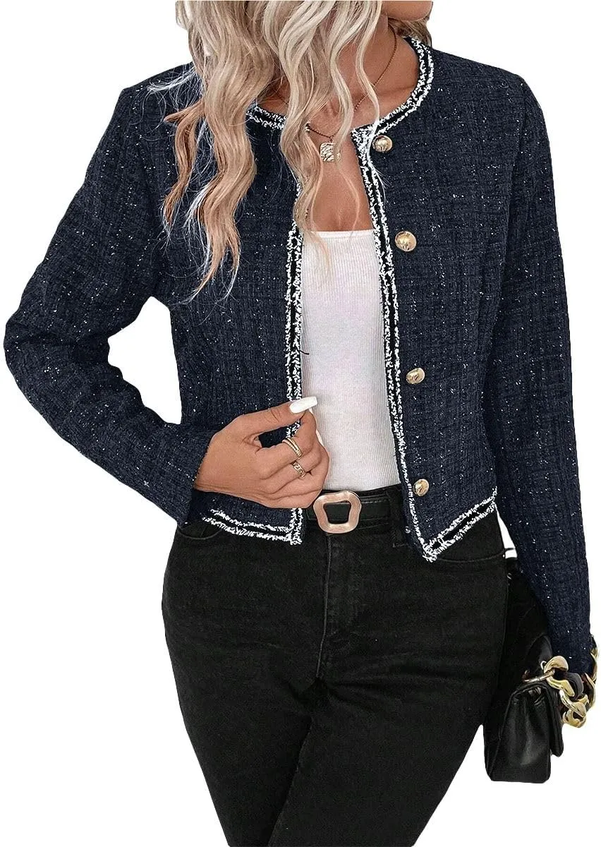 Womens Sequin Cropped Tweed Blazer Open Front Collarless Long Sleeve Work Office Jackets