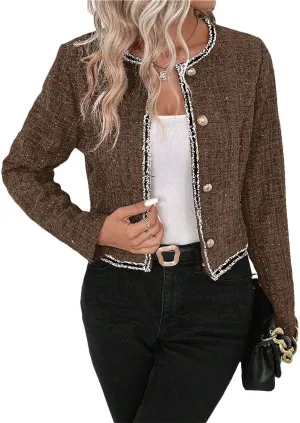 Womens Sequin Cropped Tweed Blazer Open Front Collarless Long Sleeve Work Office Jackets
