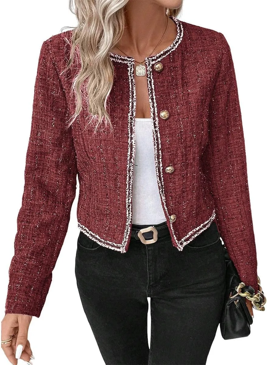Womens Sequin Cropped Tweed Blazer Open Front Collarless Long Sleeve Work Office Jackets