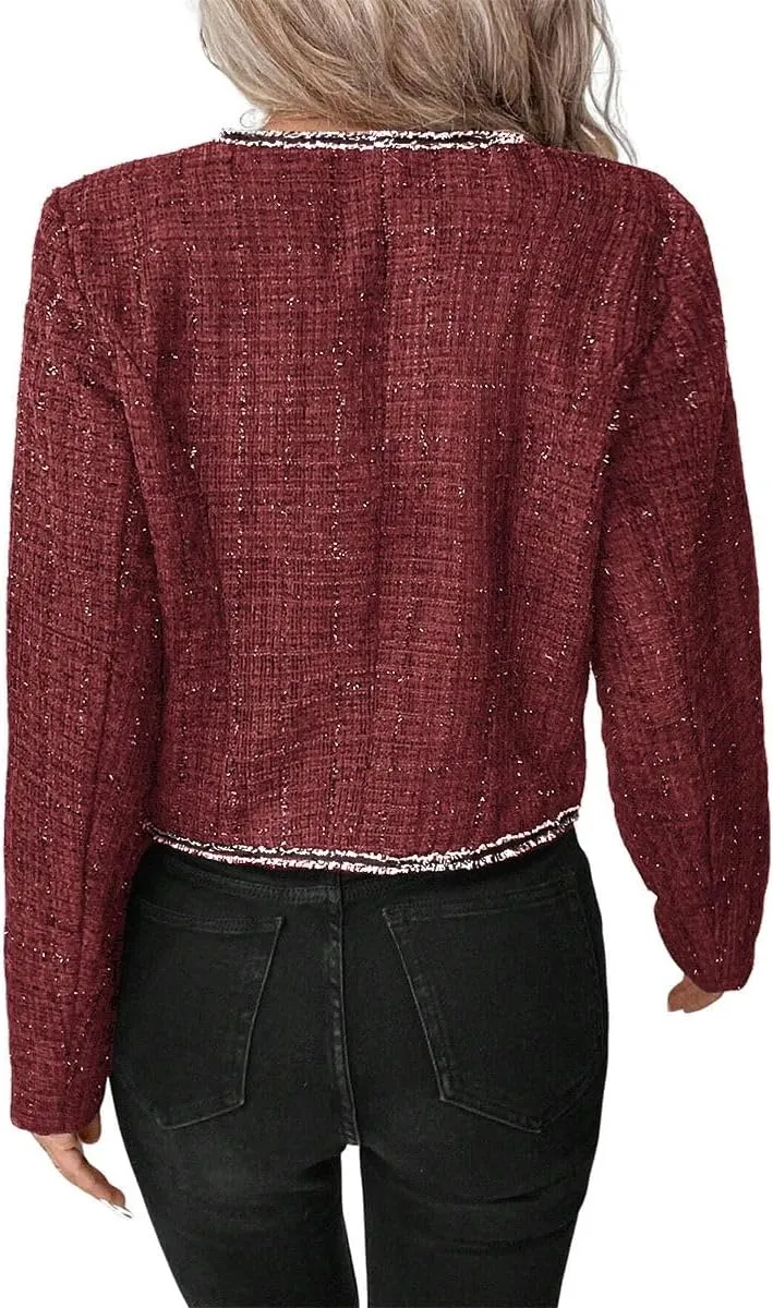 Womens Sequin Cropped Tweed Blazer Open Front Collarless Long Sleeve Work Office Jackets