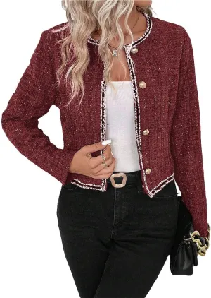Womens Sequin Cropped Tweed Blazer Open Front Collarless Long Sleeve Work Office Jackets