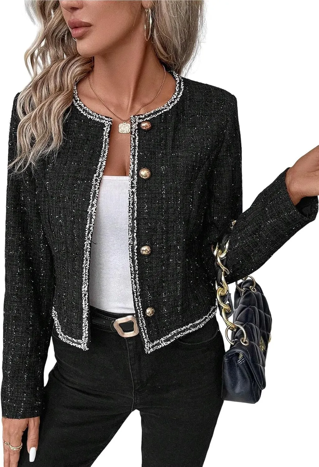 Womens Sequin Cropped Tweed Blazer Open Front Collarless Long Sleeve Work Office Jackets