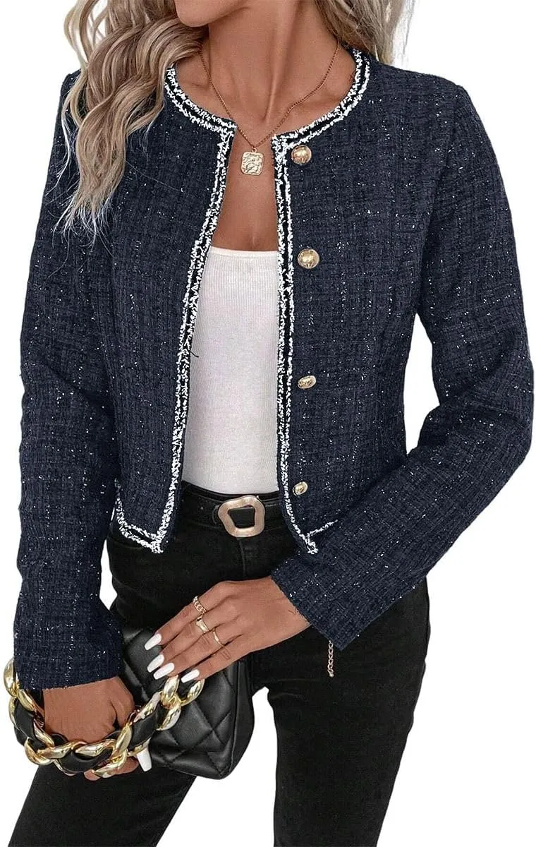 Womens Sequin Cropped Tweed Blazer Open Front Collarless Long Sleeve Work Office Jackets