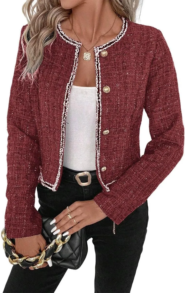 Womens Sequin Cropped Tweed Blazer Open Front Collarless Long Sleeve Work Office Jackets