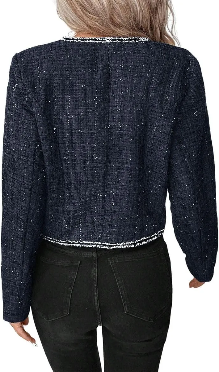 Womens Sequin Cropped Tweed Blazer Open Front Collarless Long Sleeve Work Office Jackets