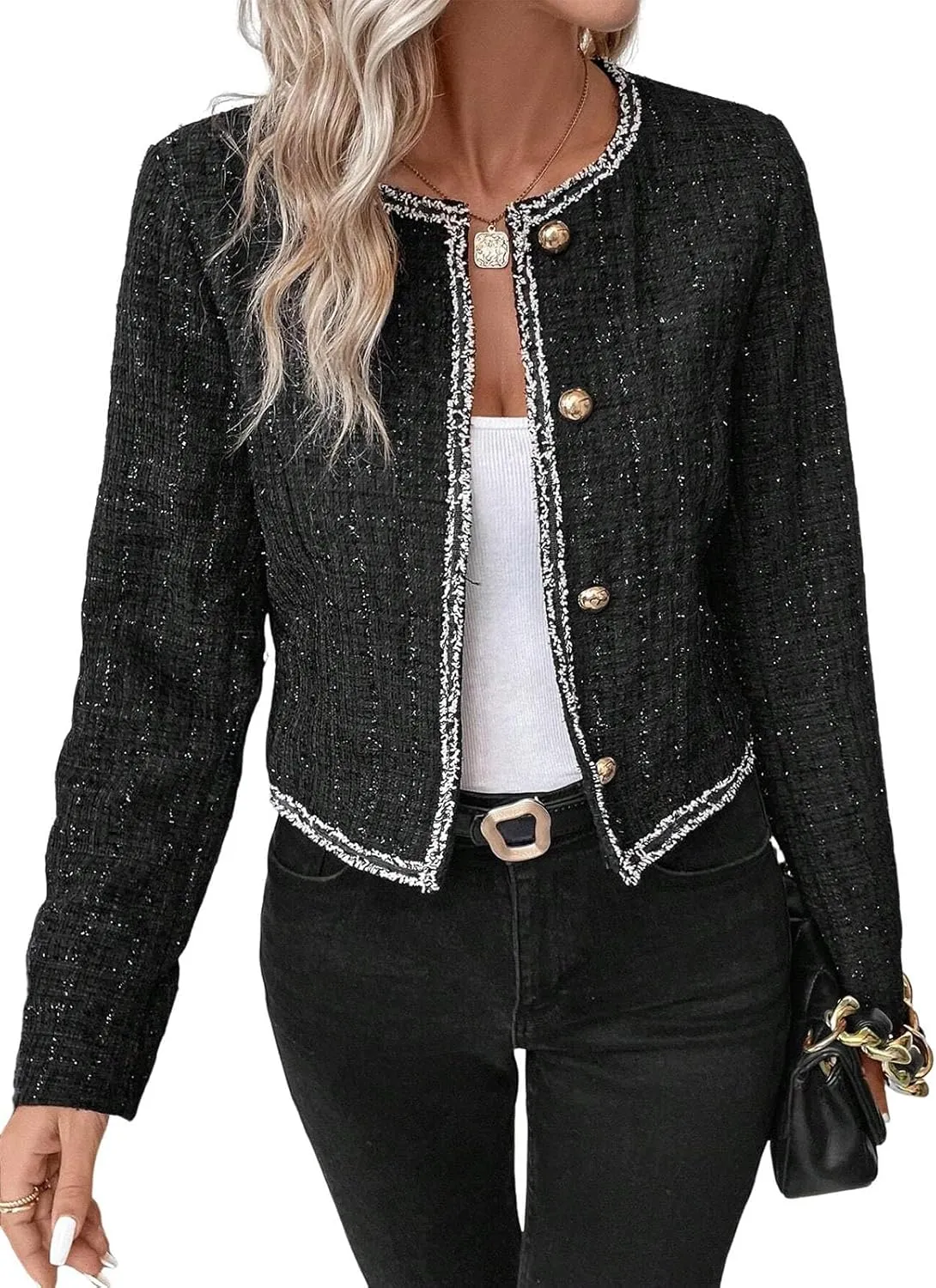 Womens Sequin Cropped Tweed Blazer Open Front Collarless Long Sleeve Work Office Jackets