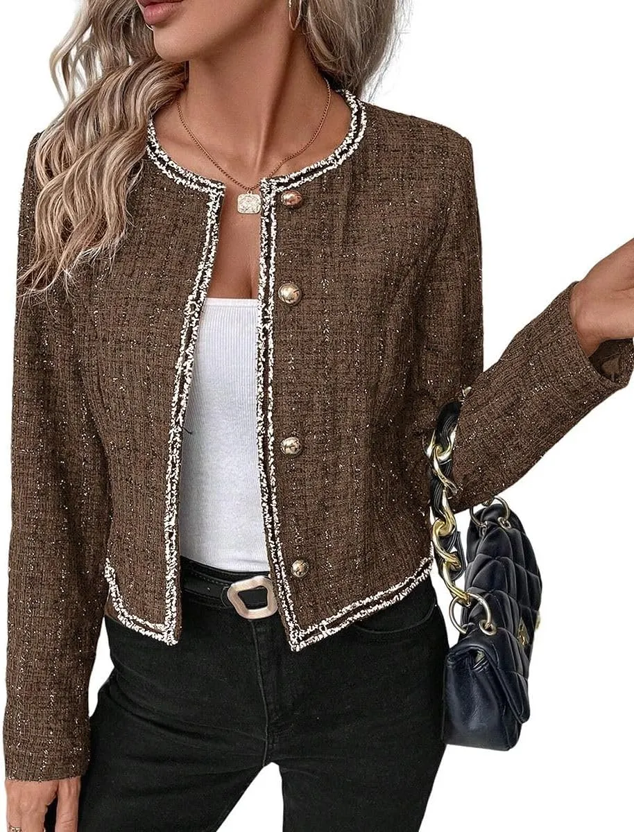 Womens Sequin Cropped Tweed Blazer Open Front Collarless Long Sleeve Work Office Jackets