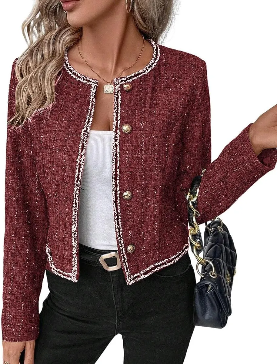 Womens Sequin Cropped Tweed Blazer Open Front Collarless Long Sleeve Work Office Jackets