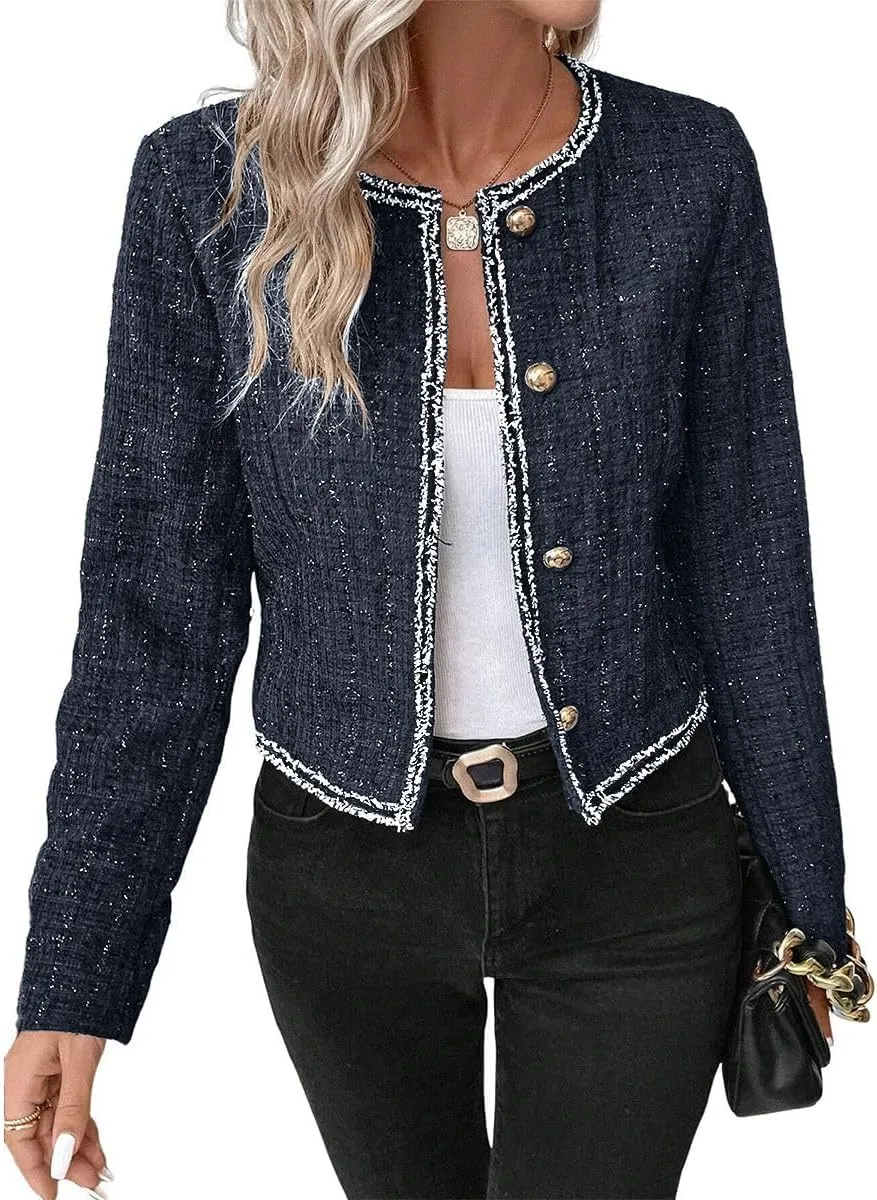 Womens Sequin Cropped Tweed Blazer Open Front Collarless Long Sleeve Work Office Jackets