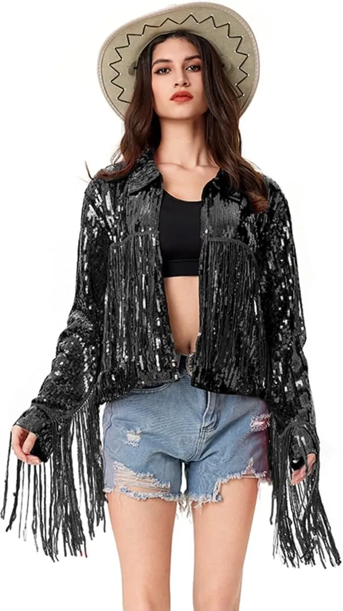Women's Sequin Jacket Long Sleeve OpenZipper Fahion Shiny Glitter Sparkly Bomber Jackets