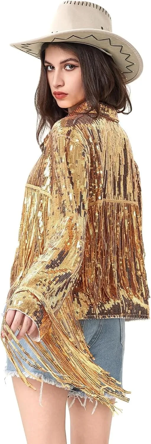 Women's Sequin Jacket Long Sleeve OpenZipper Fahion Shiny Glitter Sparkly Bomber Jackets