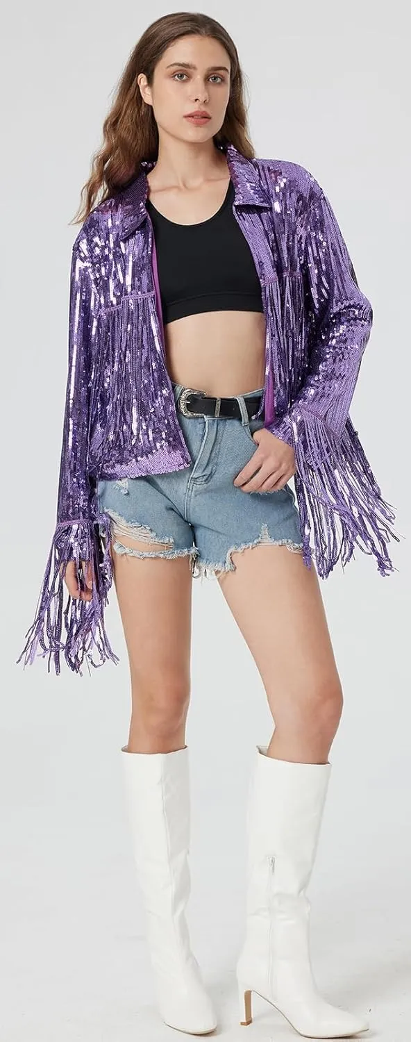Women's Sequin Jacket Long Sleeve OpenZipper Fahion Shiny Glitter Sparkly Bomber Jackets