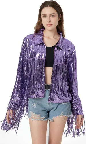 Women's Sequin Jacket Long Sleeve OpenZipper Fahion Shiny Glitter Sparkly Bomber Jackets