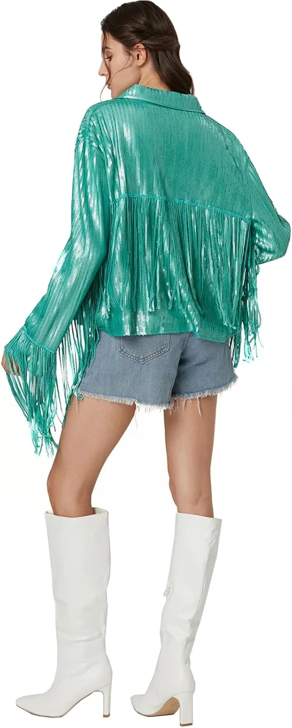 Women's Sequin Jacket Long Sleeve OpenZipper Fahion Shiny Glitter Sparkly Bomber Jackets