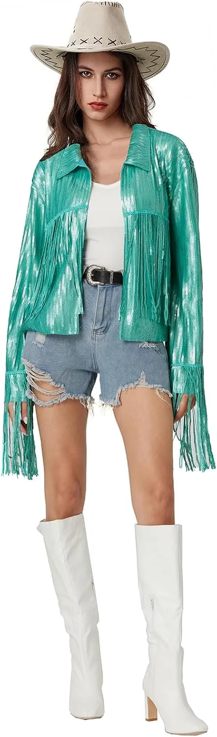 Women's Sequin Jacket Long Sleeve OpenZipper Fahion Shiny Glitter Sparkly Bomber Jackets