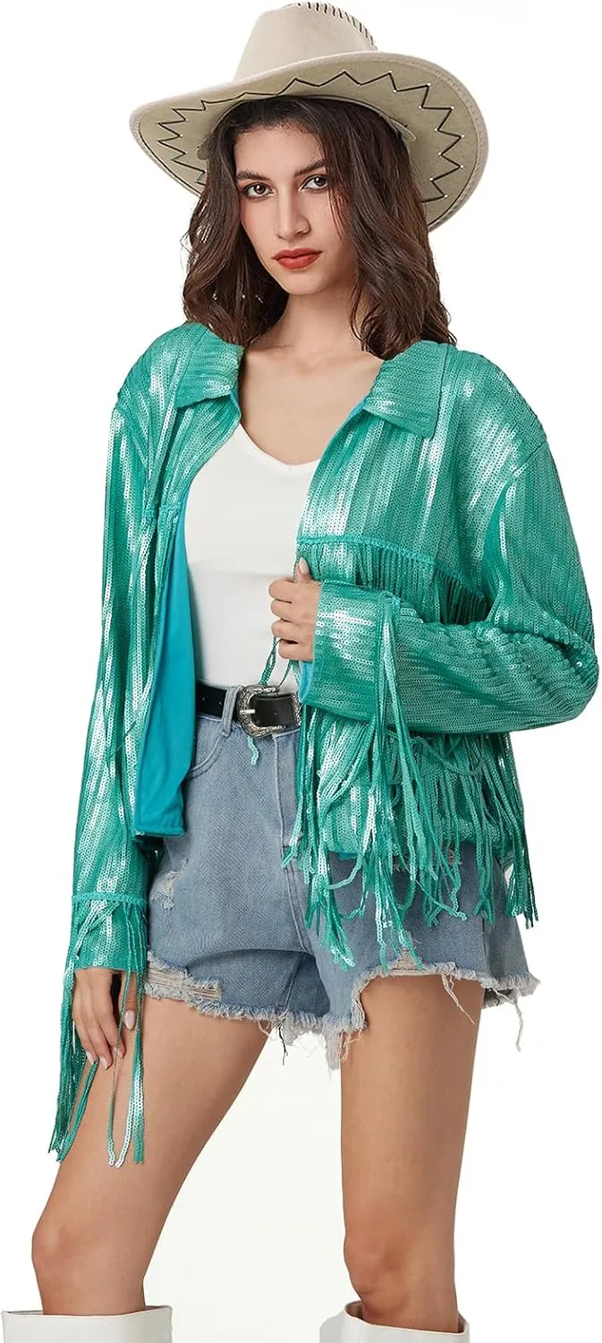 Women's Sequin Jacket Long Sleeve OpenZipper Fahion Shiny Glitter Sparkly Bomber Jackets