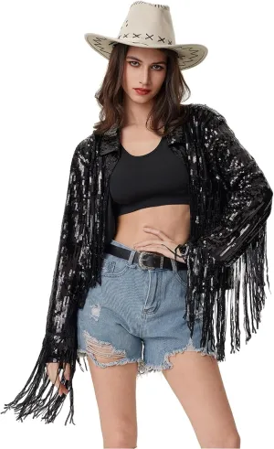 Women's Sequin Jacket Long Sleeve OpenZipper Fahion Shiny Glitter Sparkly Bomber Jackets