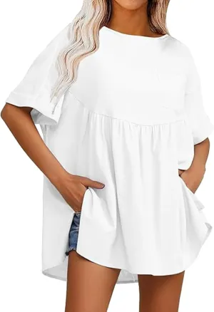 Women's Shirts Casual Mini Ruffle Dress Oversized Short Sleeve Crew Neck Peplum T Shirts Summer Loose Fit Dress with Pockets White, Large