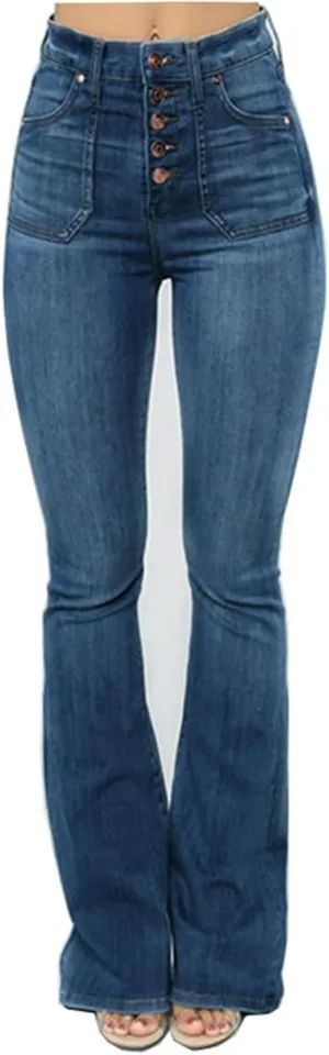 Women's Single-Breasted High Waist Jeans Bell Bottom Vintage Denim Trousers Hip Lift Boot Cut Stretchy Skinnydenim Pants