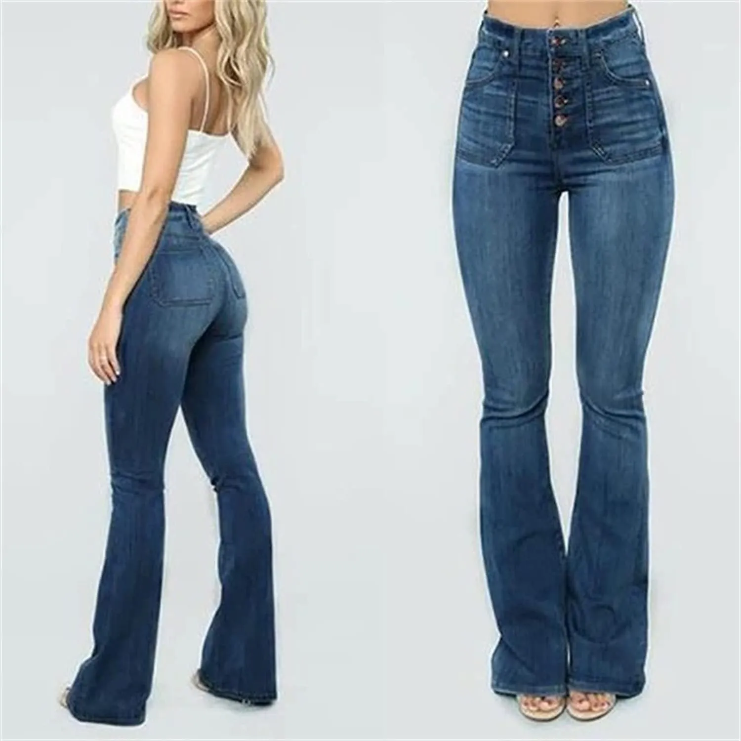 Women's Single-Breasted High Waist Jeans Bell Bottom Vintage Denim Trousers Hip Lift Boot Cut Stretchy Skinnydenim Pants