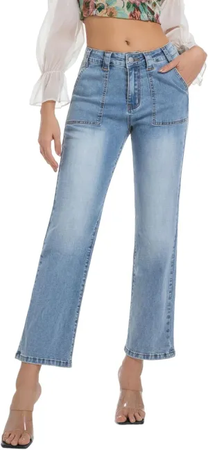 Women's Straight Leg Petite Jeans High Waisted Stretchy Cropped Denim Ankle Pants