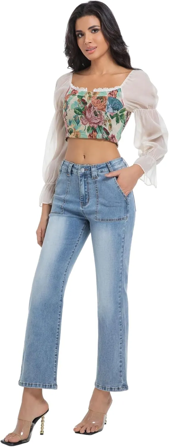 Women's Straight Leg Petite Jeans High Waisted Stretchy Cropped Denim Ankle Pants