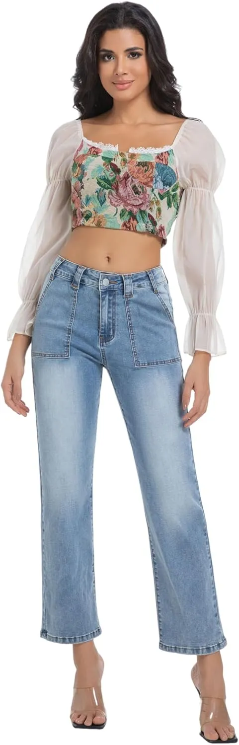 Women's Straight Leg Petite Jeans High Waisted Stretchy Cropped Denim Ankle Pants