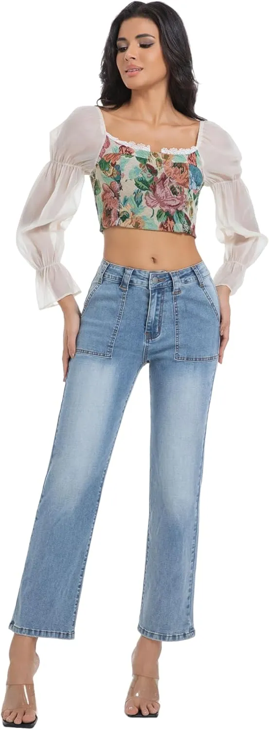 Women's Straight Leg Petite Jeans High Waisted Stretchy Cropped Denim Ankle Pants