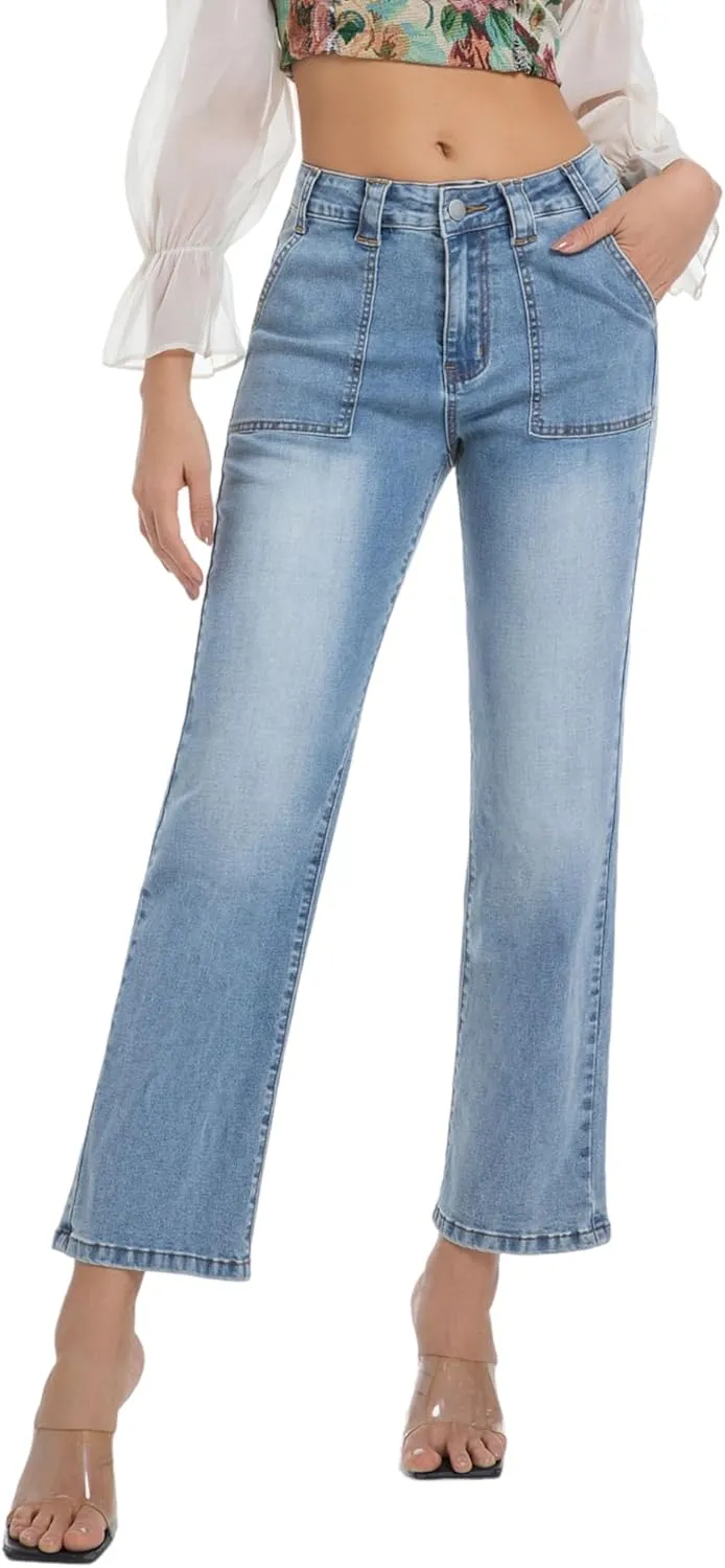 Women's Straight Leg Petite Jeans High Waisted Stretchy Cropped Denim Ankle Pants