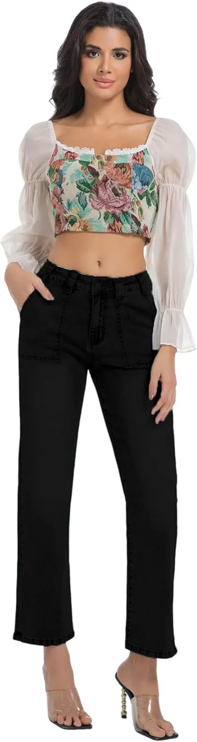 Women's Straight Leg Petite Jeans High Waisted Stretchy Cropped Denim Ankle Pants