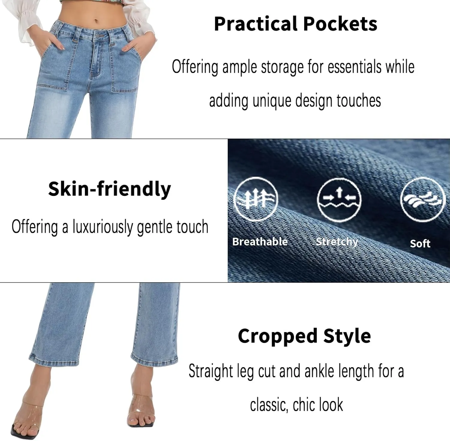 Women's Straight Leg Petite Jeans High Waisted Stretchy Cropped Denim Ankle Pants