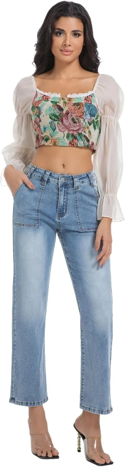Women's Straight Leg Petite Jeans High Waisted Stretchy Cropped Denim Ankle Pants