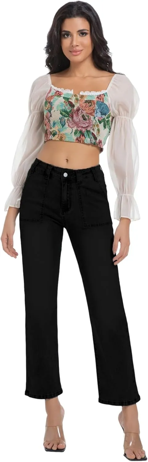 Women's Straight Leg Petite Jeans High Waisted Stretchy Cropped Denim Ankle Pants