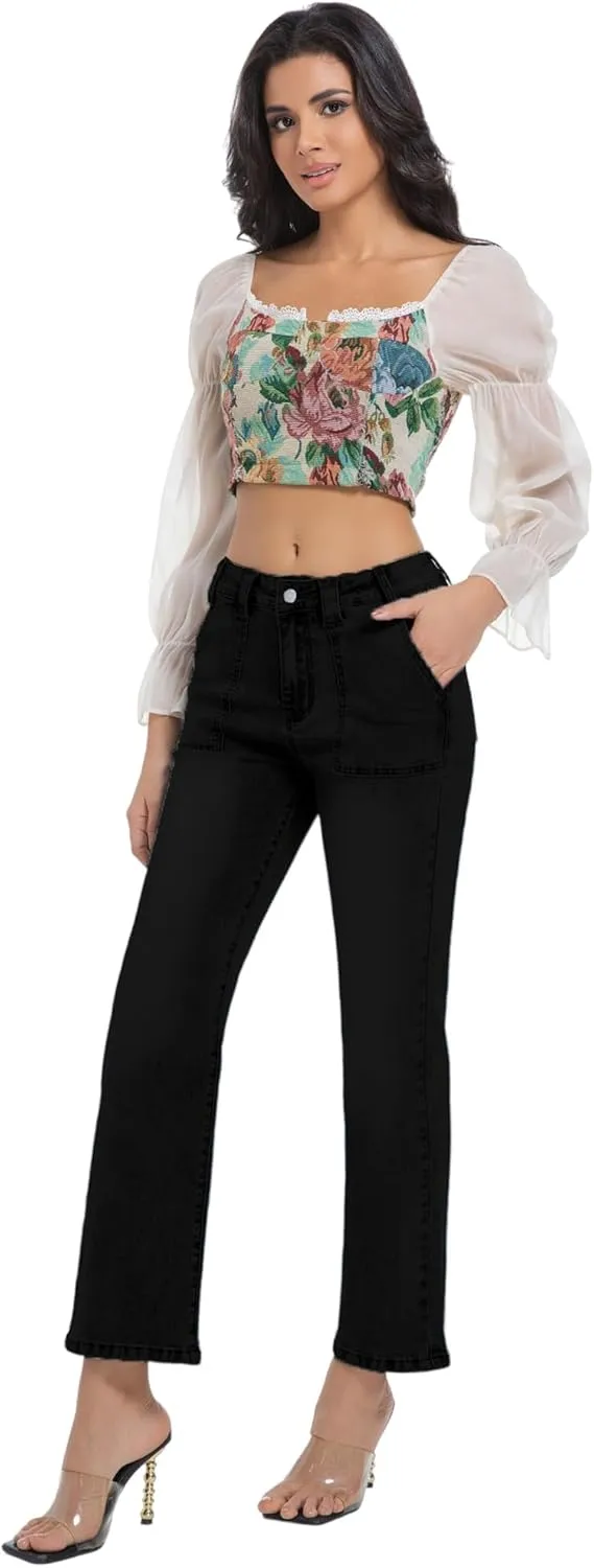 Women's Straight Leg Petite Jeans High Waisted Stretchy Cropped Denim Ankle Pants