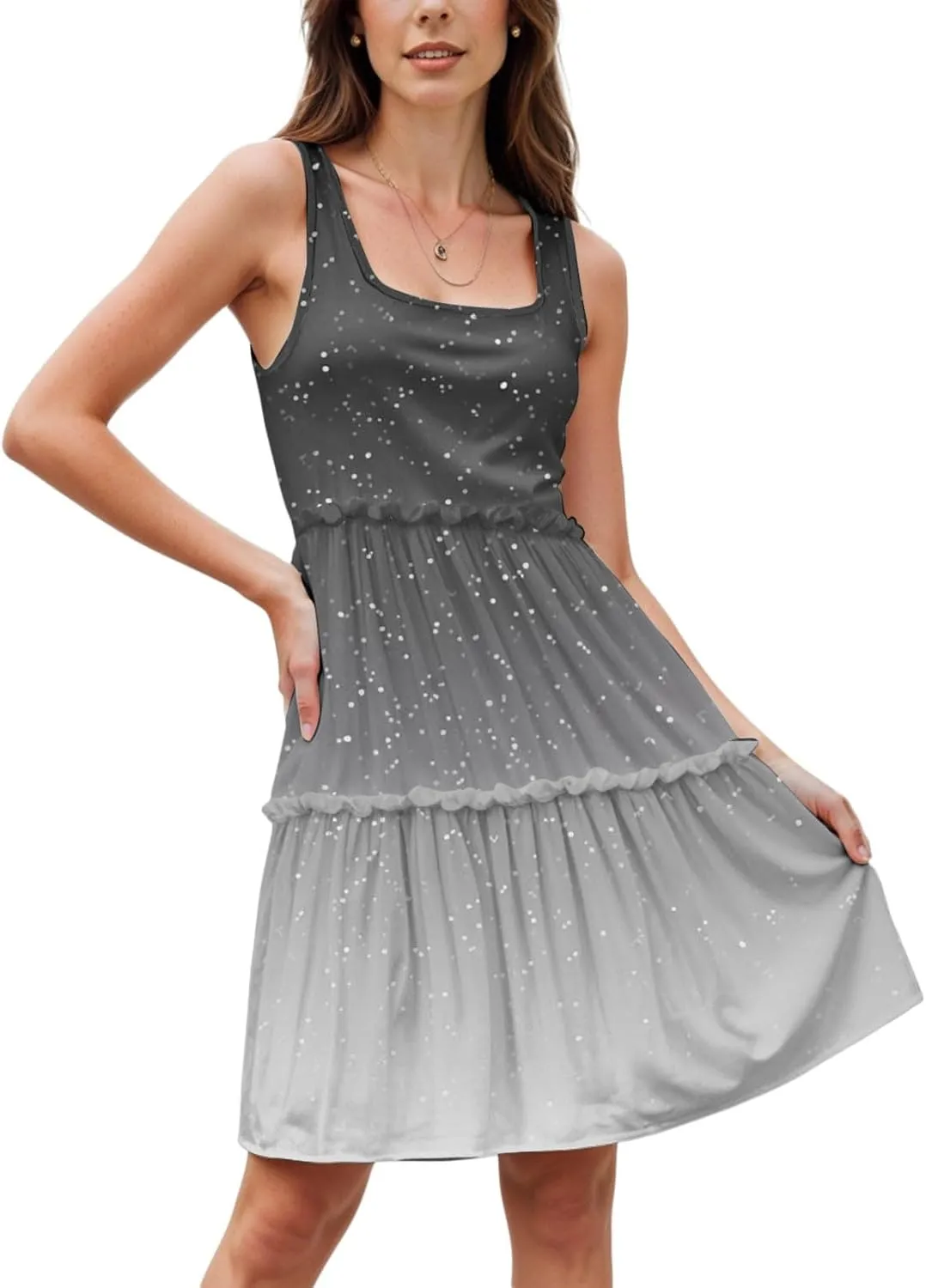 Womens Summer Casual U Neck Sleeveless Mini Dress Boho Floral Ruffle Swing A Line Short Sundresses