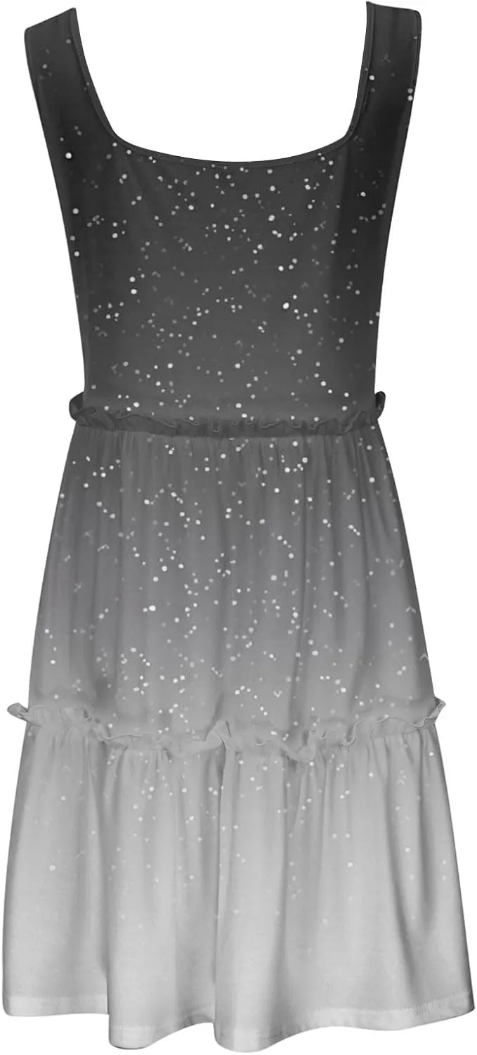 Womens Summer Casual U Neck Sleeveless Mini Dress Boho Floral Ruffle Swing A Line Short Sundresses