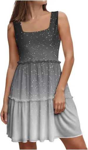 Womens Summer Casual U Neck Sleeveless Mini Dress Boho Floral Ruffle Swing A Line Short Sundresses