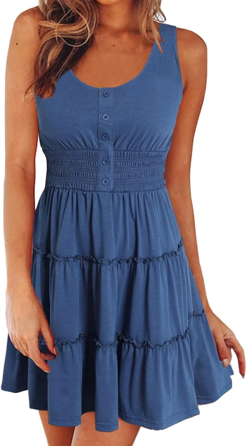 Womens Summer Dresses Sleeveless Button Down Casual Swing Mini Dress